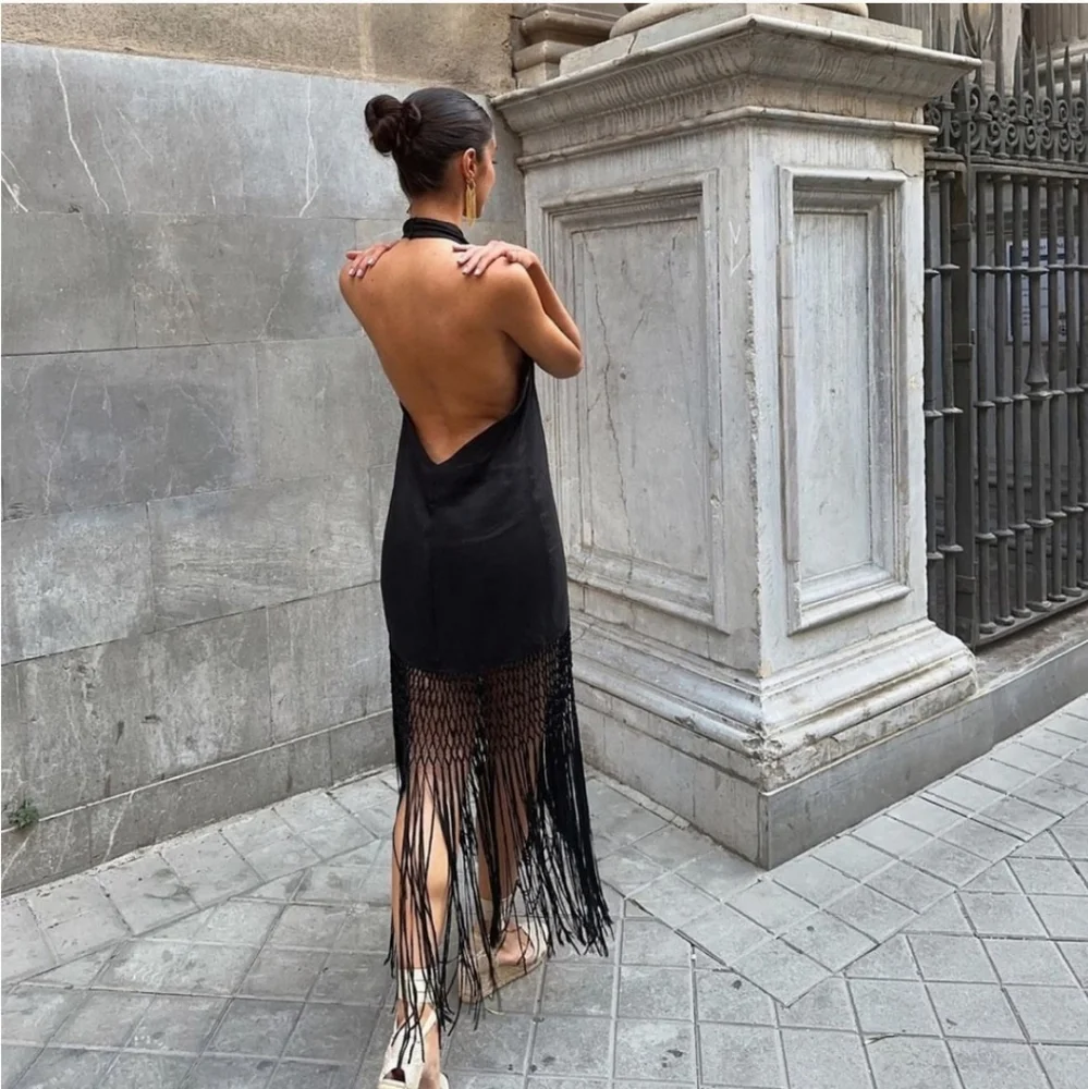 Zara halter * linen dress with fringe black size XS - Picture 5 of 16